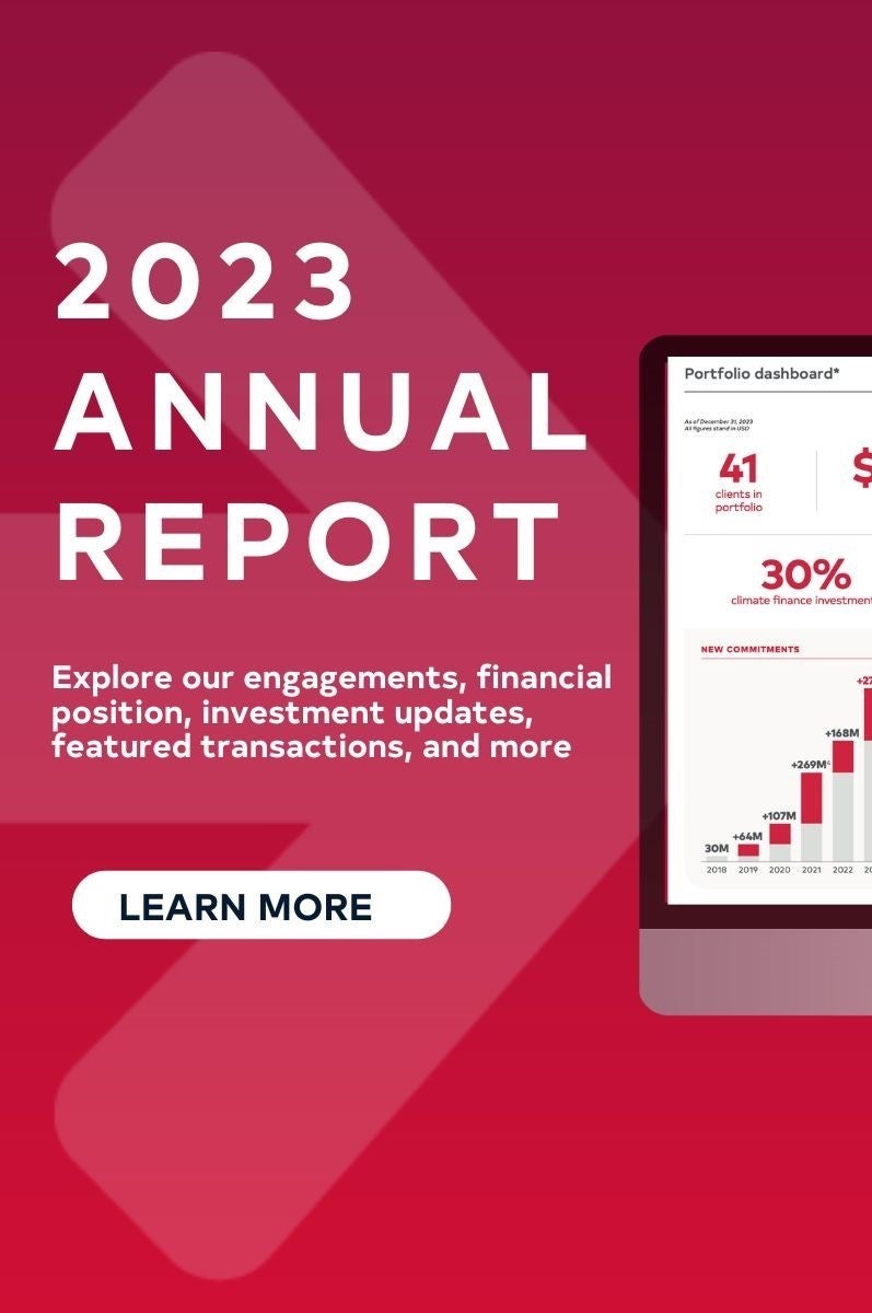 FinDev Canada's annual report displayed on a computer screen, title 2023 Annual Report, on red background
