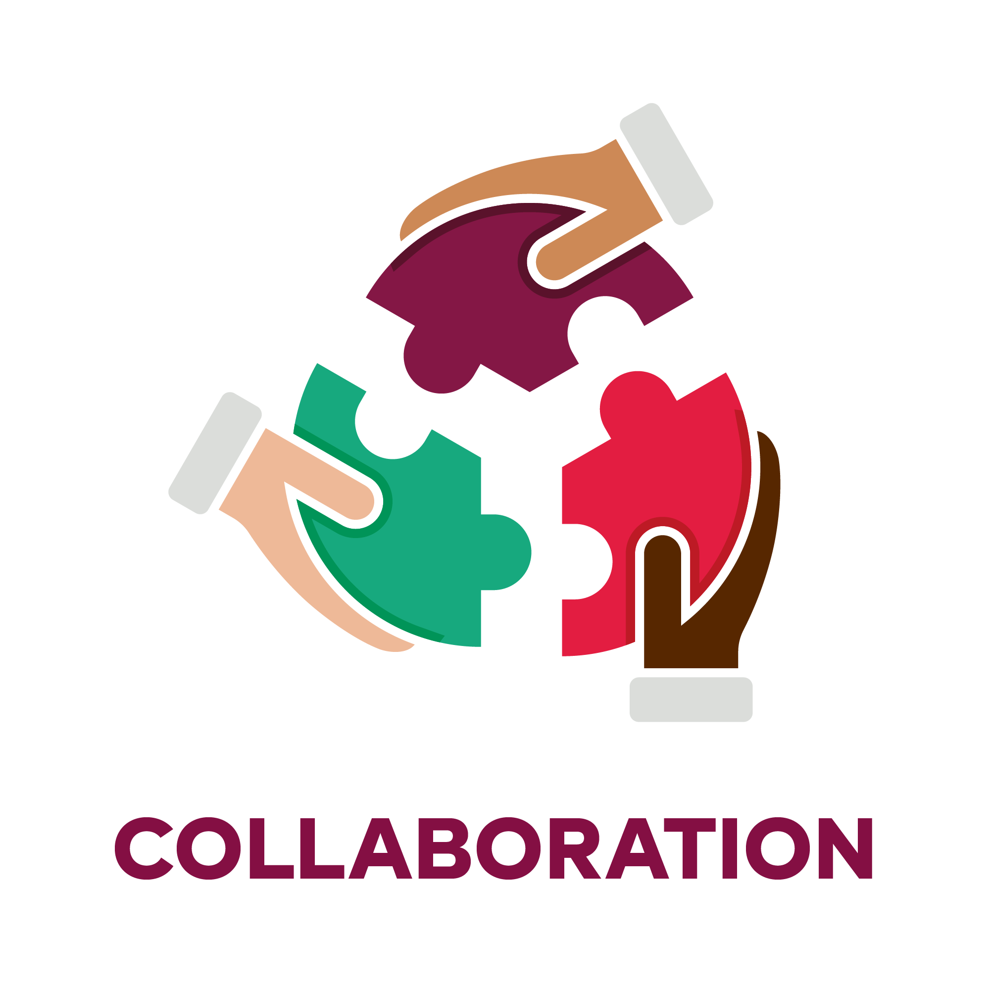 Three hands placed in circle holding puzzle pieces above Collaboration title