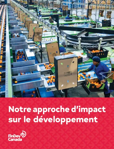 Usine de transformation d'oranges avec des ouvrières, bandeau avec titre "Our Approach to Development Impact" et logo de FinDev Canada