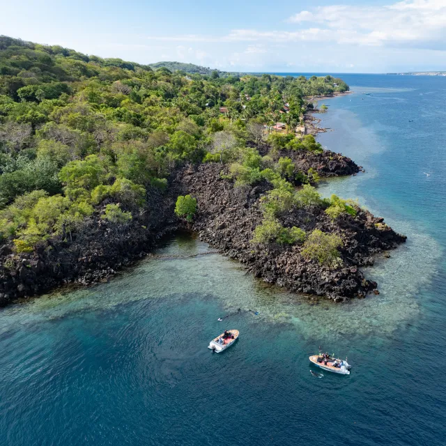 ocean with boats and coastal greenery