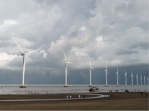 A shore with multiple wind turbines