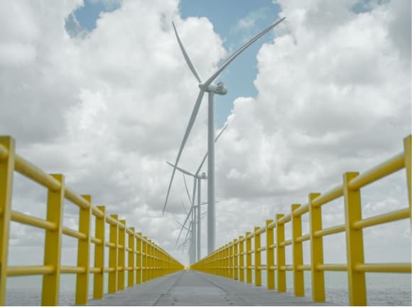 Wind turbines view from a footbridge