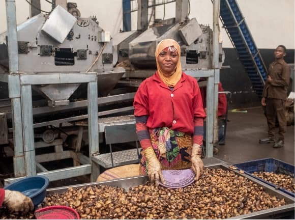 A woman working in a cashew-processing factory